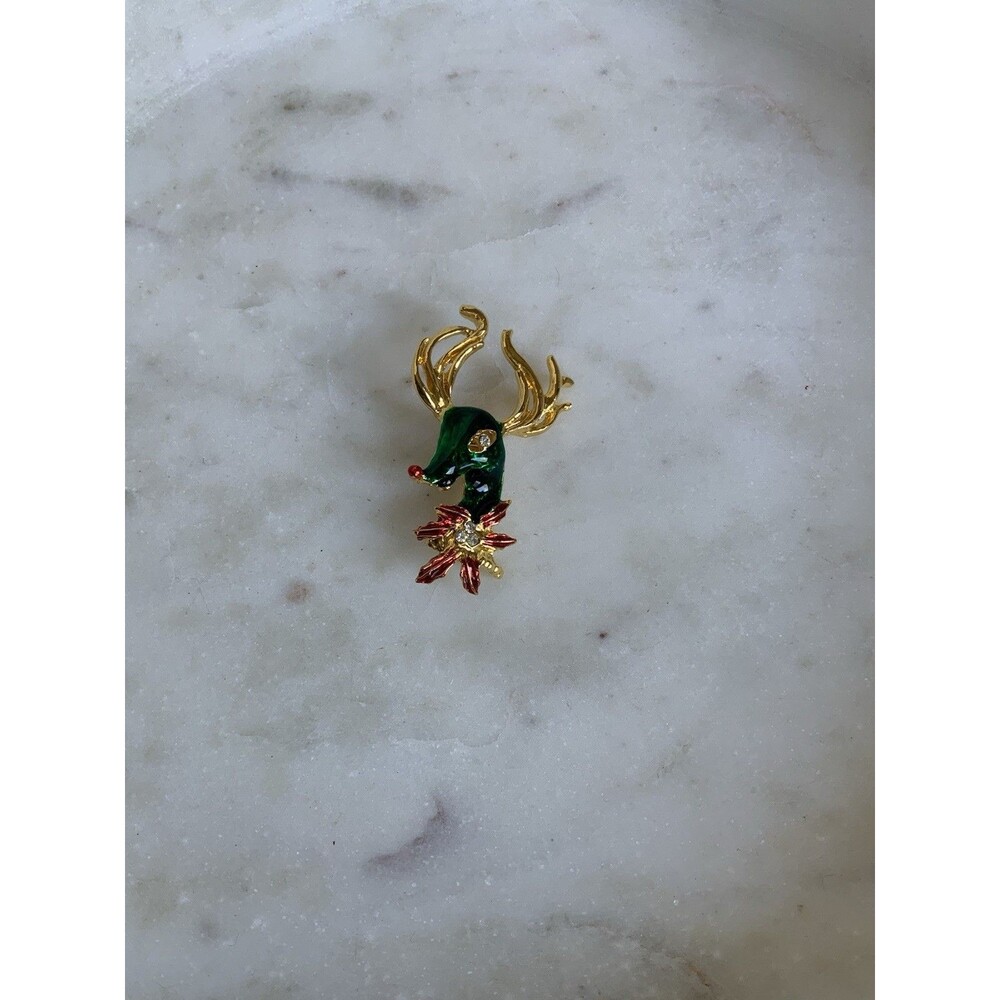 Vintage Christmas Brooch Pin reindeer Rudolph enamel gold tone Rhinestones